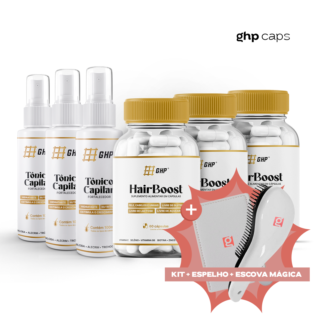 Kit GHP Trimestral - 3 HairBoost + 3 Tônico Capilar + Espelho + Escova Mágica